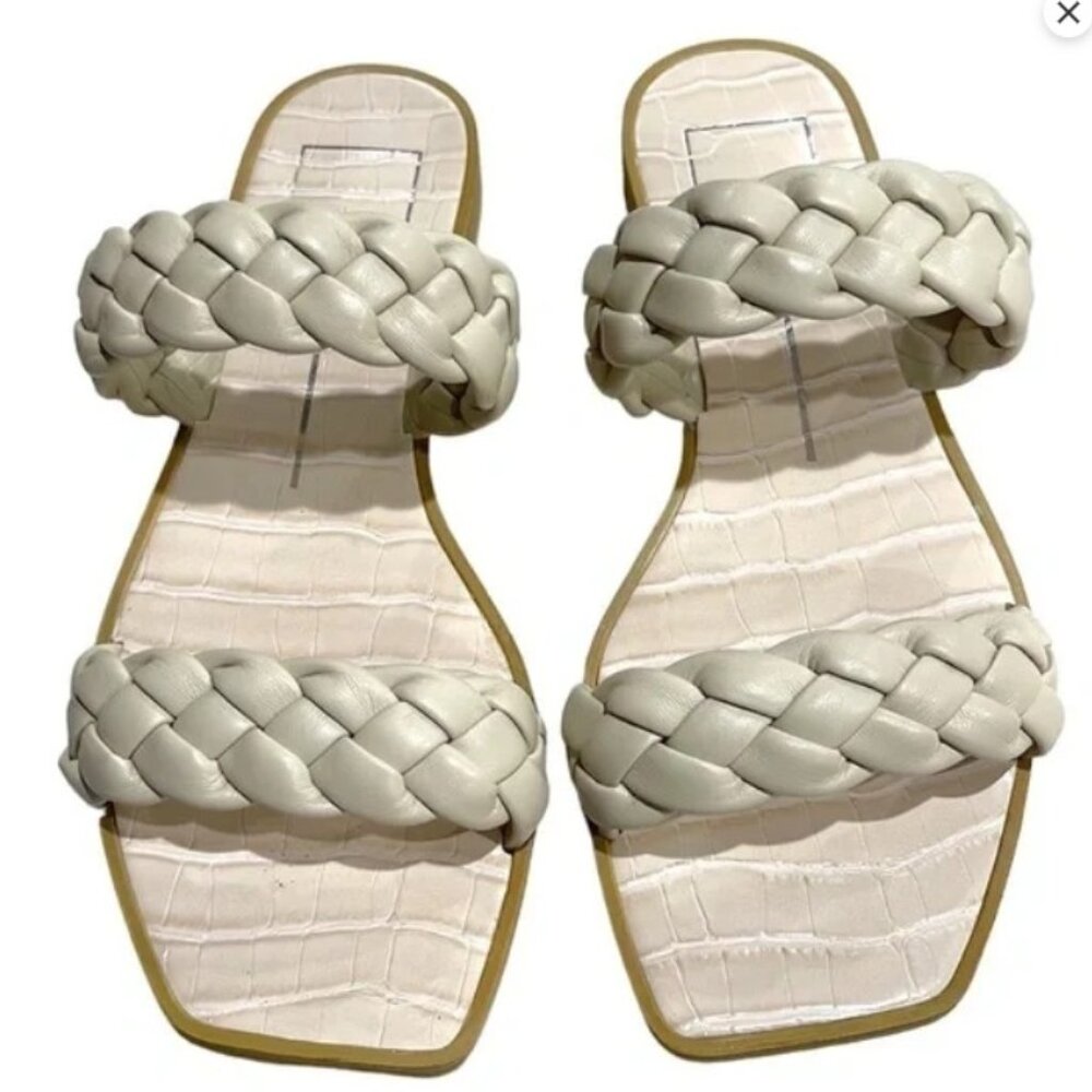 Dolce Vita Indre Braided Flat Sandals Cream Croc Embossed Square Toe Slides 6.5
